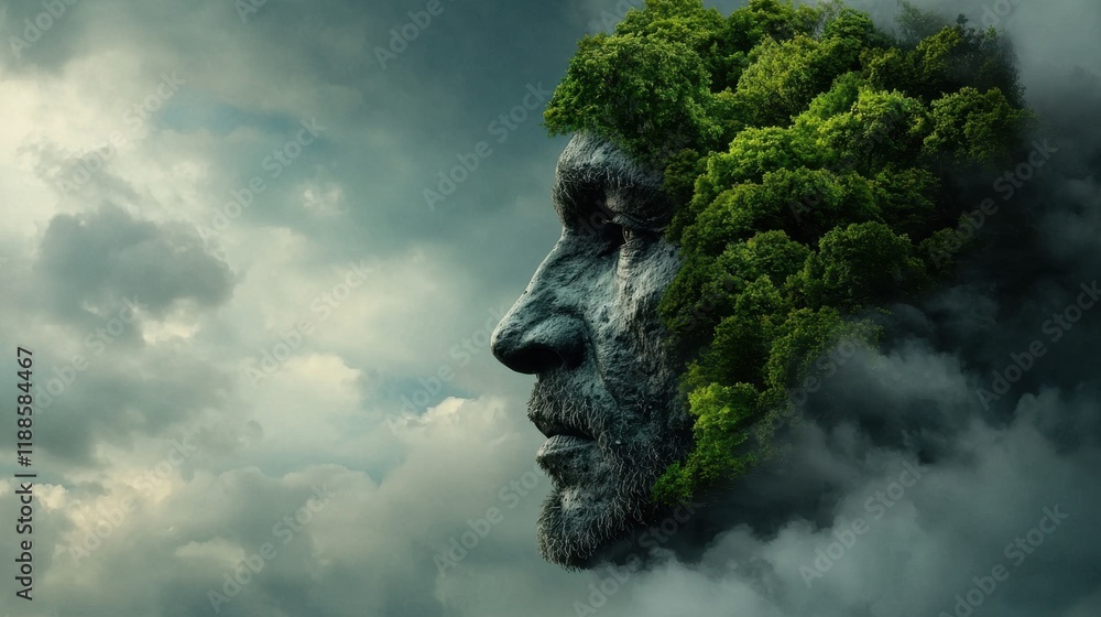 A man with a tree on his head in the clouds A man with a tree on his head in the clouds