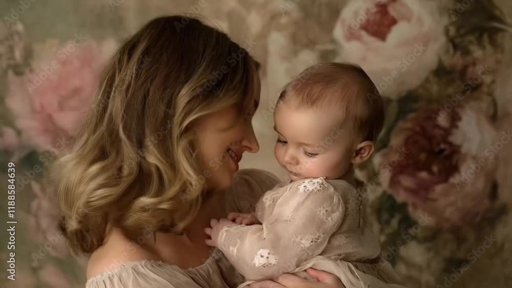 Scene of a mother carrying her child, seamless looping motion for background video animation.