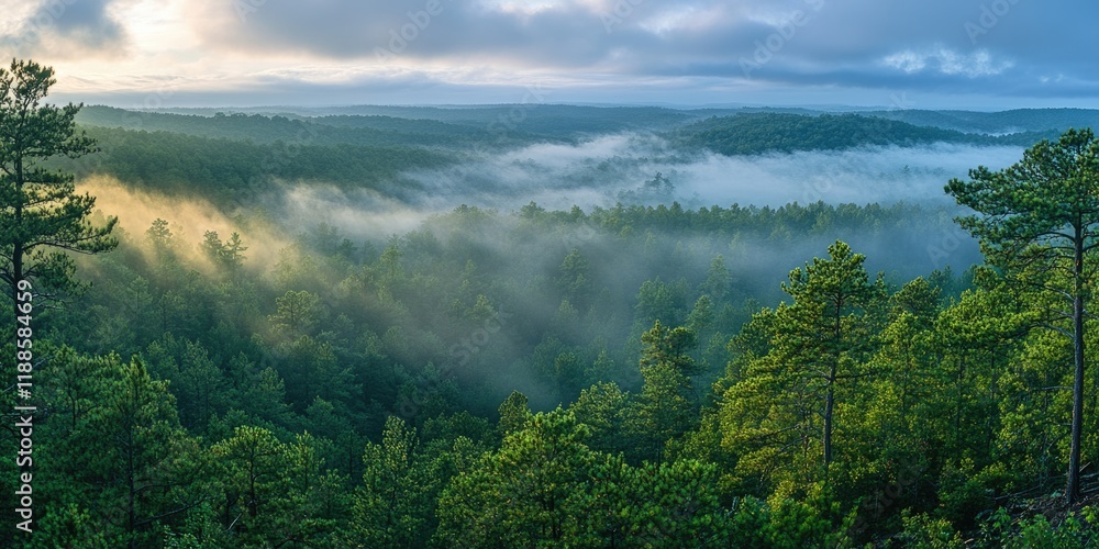 Lush green forest with foggy mist in the air Lush green forest with foggy mist in the air