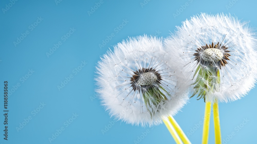 Obraz premium A close up of three dandelion seeds blowing in the wind