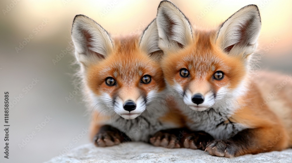 Obraz premium A couple of foxes laying on top of a rock