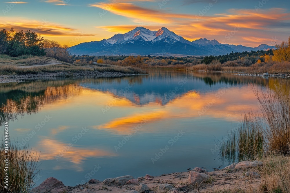 Fototapeta premium Beautiful mountain range is reflected in the calm waters of a lake