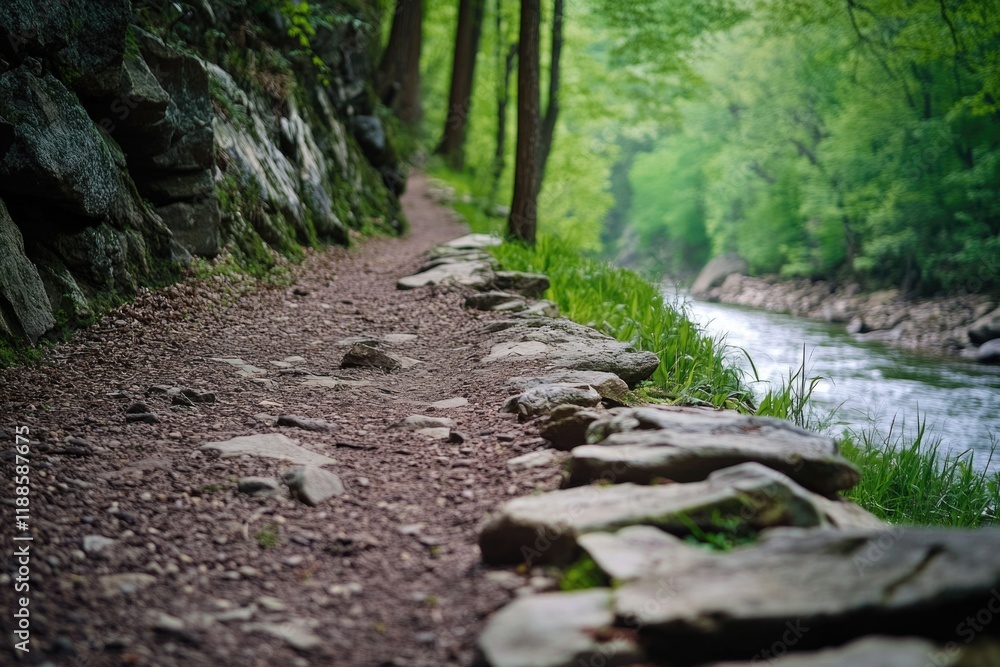 Rocky path with a river running alongside it Rocky path with a river running alongside it