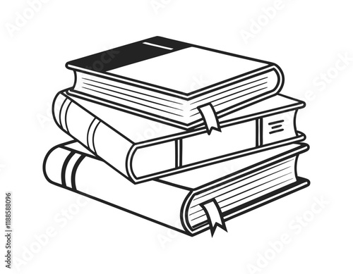 black and white drawing of three books stacked with bookmarks, suitable for educational content, book clubs, or library promotions, emphasizing knowledge and learning. eps 10