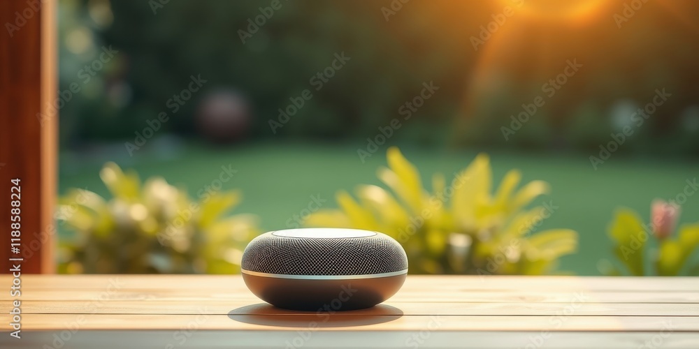 Portable Speaker on Wooden Deck, Enjoying Peaceful Outdoor Soundscape Portable Speaker on Wooden Deck, Enjoying Peaceful Outdoor Soundscape