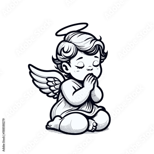 Black and white cherub with wings and halo, praying with a peaceful expression. A spiritual and elegant character illustration for decorative themes. Isolated vector illustration.
