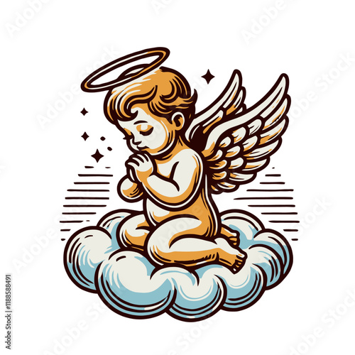 Golden-haired cherub with halo and wings, sitting on a fluffy cloud in a peaceful pose. A charming and spiritual character illustration for festive or decorative themes. Isolated vector illustration