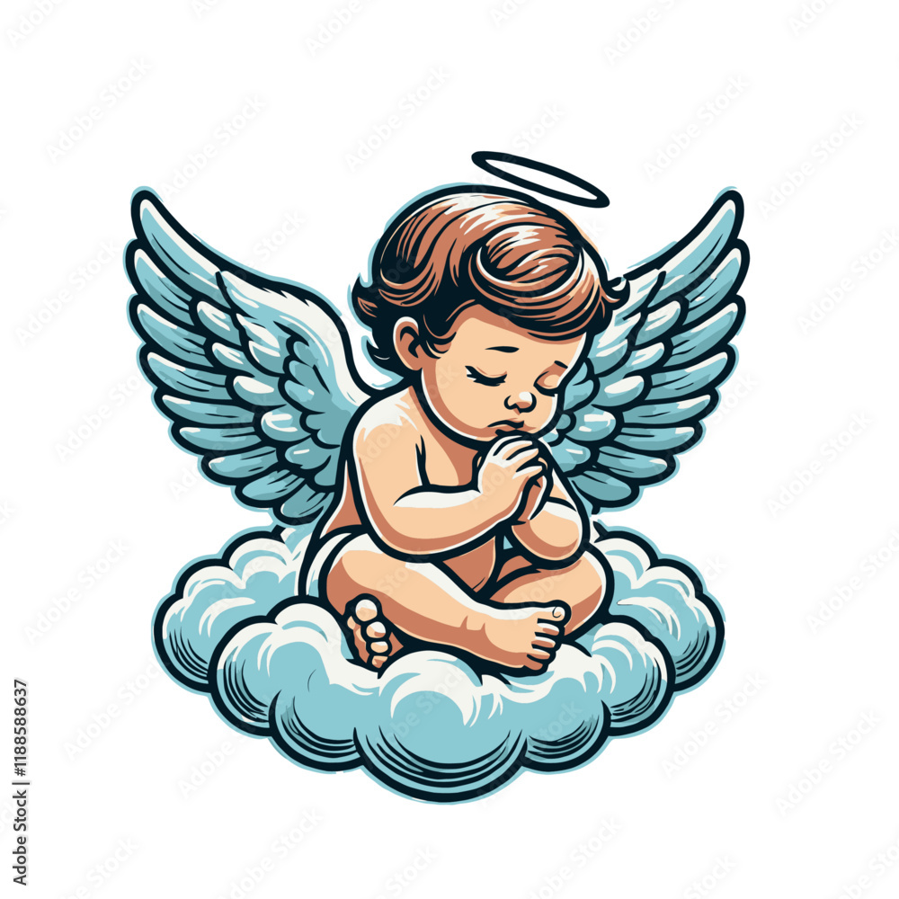 Fototapeta premium Adorable cherub with delicate wings and halo, peacefully sitting on a cloud in a prayerful pose. A spiritual and artistic character illustration for celestial or decorative themes. Isolated vector ill