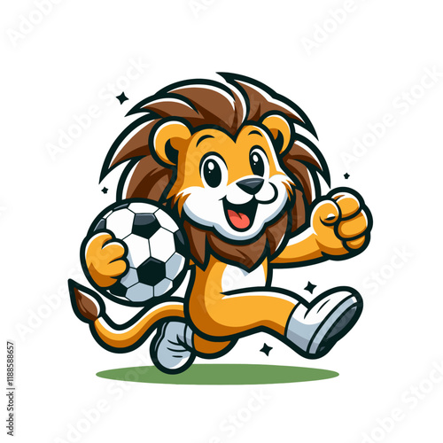 Cheerful lion mascot holding a soccer ball and running energetically. A playful and vibrant character illustration for sports or team branding themes. Isolated vector illustration