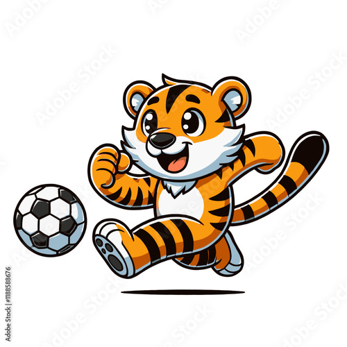 Happy tiger mascot playing soccer with a football, running with excitement and energy. A fun and dynamic character illustration for sports or branding themes. Isolated vector illustration.