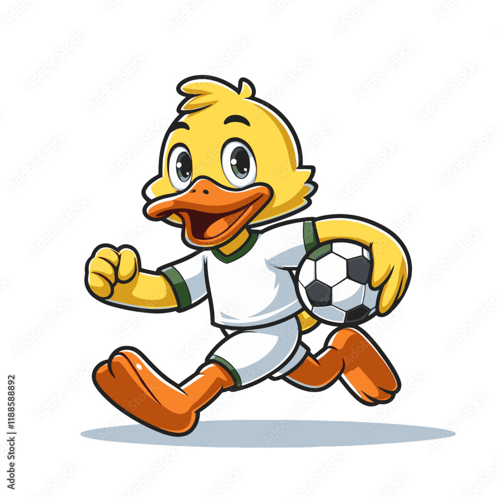 Naklejka premium A cheerful cartoon duck in a white soccer uniform, holding a soccer ball, ideal for children’s themes, sports designs, or fun mascot branding. Isolated vector illustration.