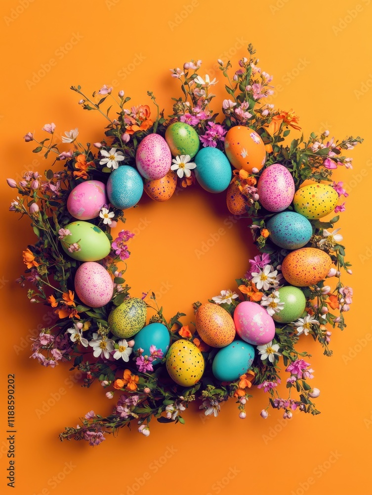 Wreath of Easter eggs and flowers is displayed on an orange background Wreath of Easter eggs and flowers is displayed on an orange background