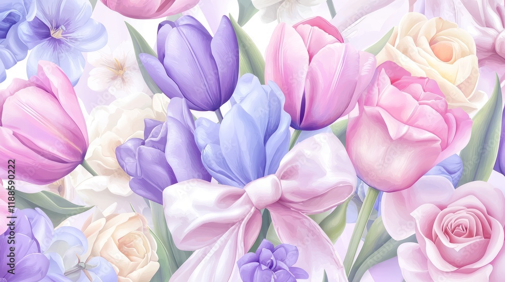 Obraz premium A vibrant bouquet of pastel flowers with a ribbon.