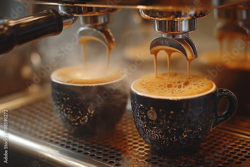 A close-up of an espresso machine, with steam rising from the coffee cup being filled. photo