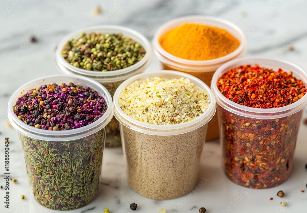 Different seasonings in cups. Spice background on the table Different seasonings in cups. Spice background on the table