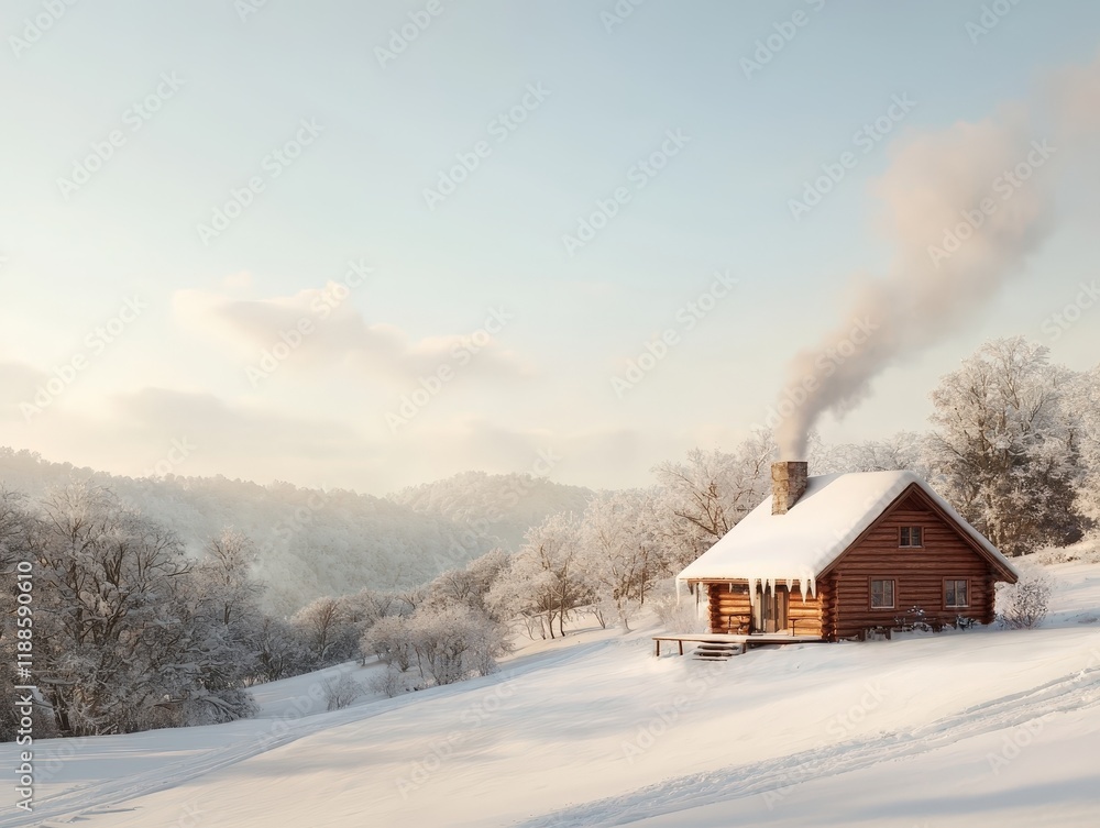 Cozy Cabin in a Snowy Winter Landscape Surrounded by Frosted Trees and Soft Morning Light Cozy Cabin in a Snowy Winter Landscape Surrounded by Frosted Trees and Soft Morning Light