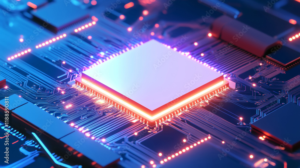 A high-tech microchip circuit board macro shot, glowing connections data streams technology AI innovation red blue purple background A high-tech microchip circuit board macro shot, glowing connections data streams technology AI innovation red blue purple background