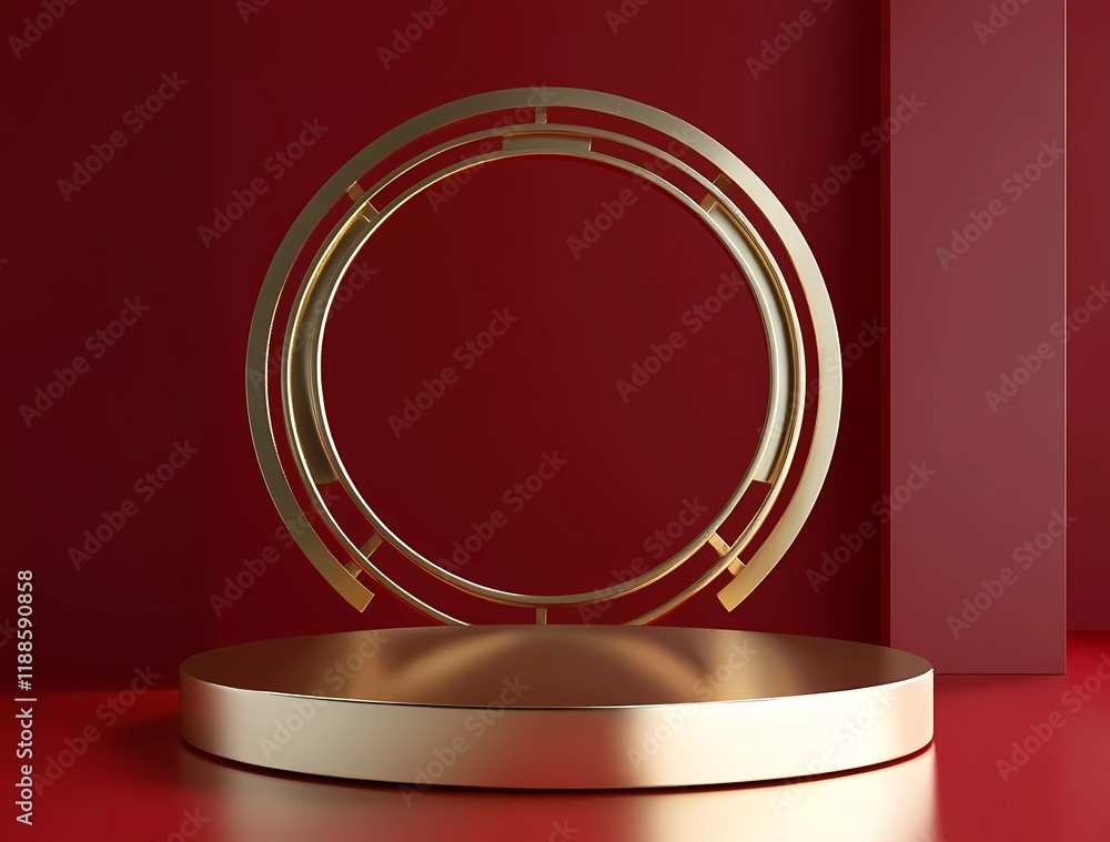 3D rendering of a red background with a golden cylinder podium product display stand mockup scene, a Chinese New Year concept for advertising and packaging design. 3D rendering of a red background with a golden cylinder podium product display stand mockup scene, a Chinese New Year concept for advertising and packaging design.