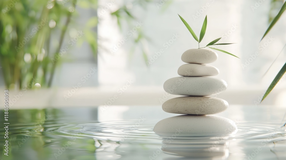 A serene stack of white stones on calm water, with a bamboo sprout, symbolizing tranquility and balance in a peaceful environment. A serene stack of white stones on calm water, with a bamboo sprout, symbolizing tranquility and balance in a peaceful environment.