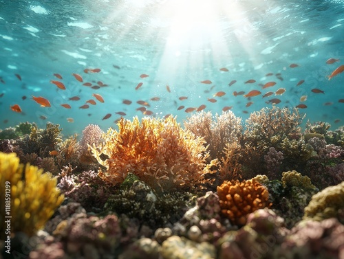 Wallpaper Mural Ethereal Underwater Scene Featuring Colorful Coral Reef and Vibrant Marine Life Illuminated by Sunlight Torontodigital.ca