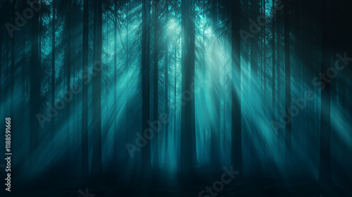 Ein düsterer Wald liegt in grünlichem Mondschein, das zwischen den Bäumen hindurchscheint, magische Atmosphäre, Querformat