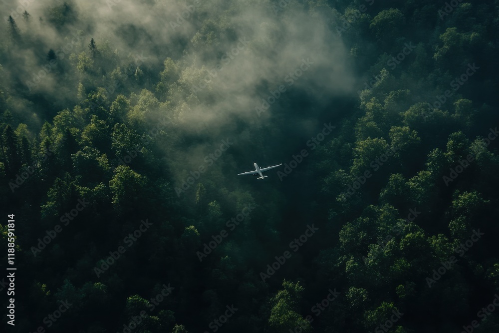 Obraz premium Serene Aerial View of Aircraft Flying Above a Dense Forest Bathed in Morning Light with Mist Rising from Trees Below, Captured in Stunning Detail