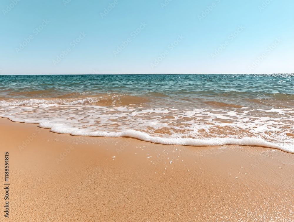 Serene Minimalist View of Gentle Waves Lapping on a Sandy Beach Under Clear Blue Sky