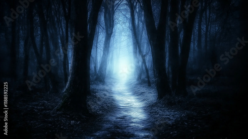Ein heller Pfad führt zwischen hohen, dunklen Bäumen hindurch, mysteriöser Märchenwald im Querformat
