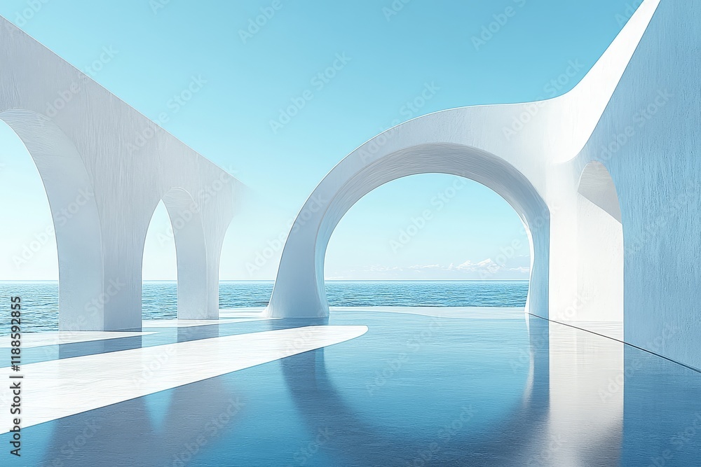 Fototapeta premium 3D render of white curved architectural lines with floor reflection, minimalistic design, and a blue sky background, high detail, perfect for presentations.