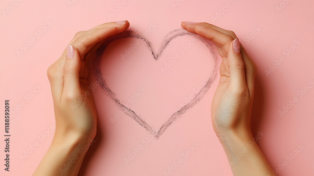 Obraz premium Hands forming heart shape on pink background.