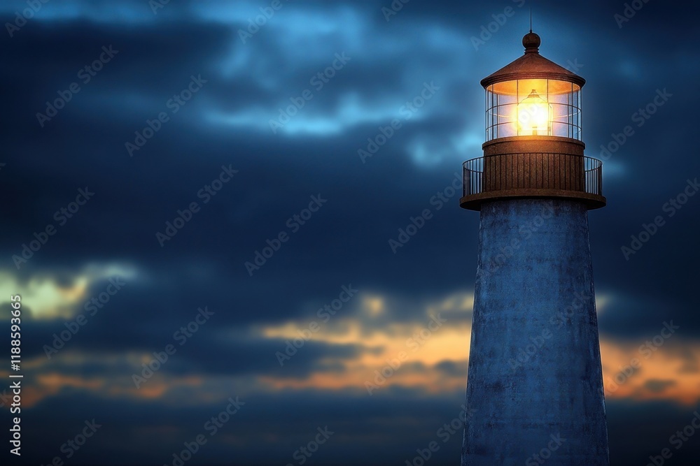 Lighthouse shines brightly against darkening sky at twilight by the coast Lighthouse shines brightly against darkening sky at twilight by the coast