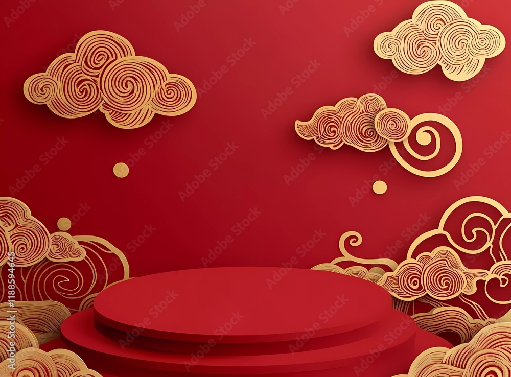 Red background, paper-cut style cloud pattern, golden line drawing of auspicious clouds on the right side, red circular podium, minimalist design Red background, paper-cut style cloud pattern, golden line drawing of auspicious clouds on the right side, red circular podium, minimalist design