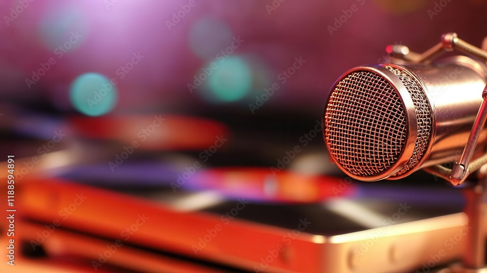 Obraz premium Retro steel microphone concept. A close-up view of a microphone in front of a blurred background with colorful lights, suggesting a lively music or performance setting.