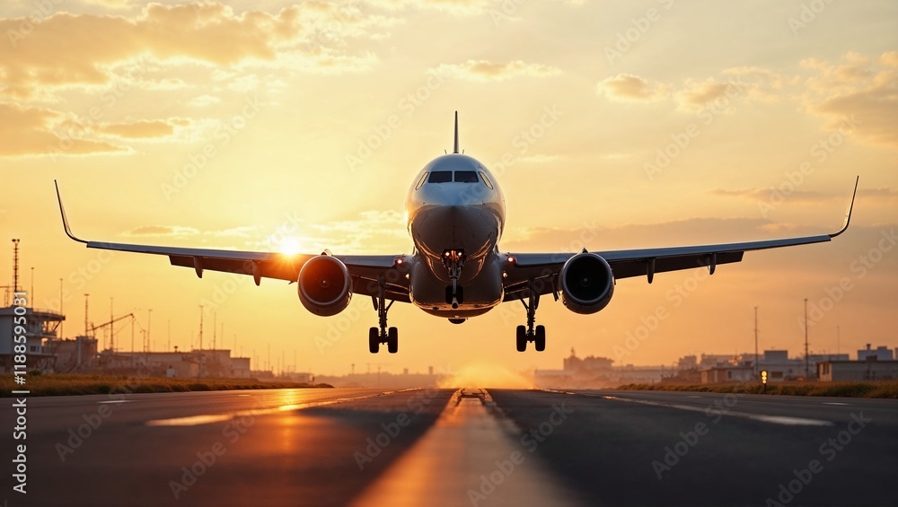Airplane Landing at Sunset on the Runway Airplane Landing at Sunset on the Runway