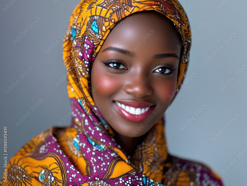 Fototapeta premium Woman wearing a colorful scarf and a big smile