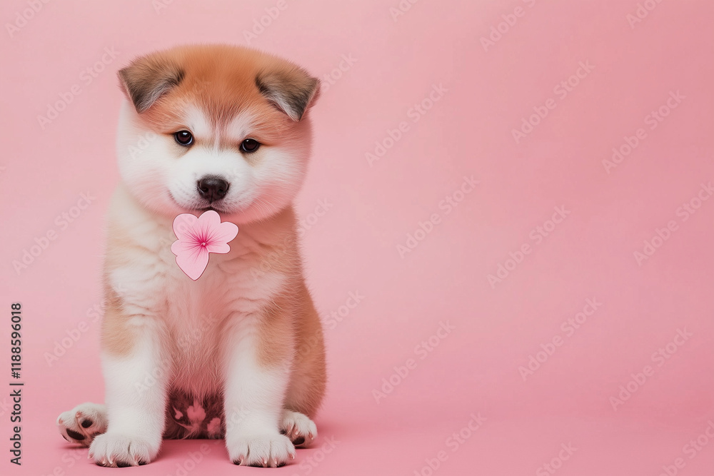 Fototapeta premium Akita holding a small heart-shaped flower, sitting on a pink background, postcard design with empty space for greeting. Valentine concept, veterinary