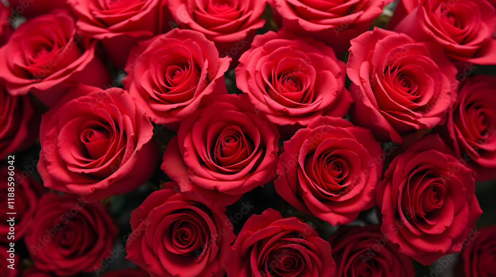 Naklejka premium Natural fresh pattern with red roses. Top view, wall background with red roses.