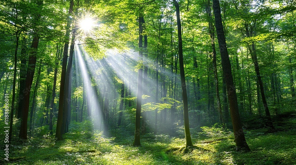 Sunbeams illuminating lush green forest. Sunbeams illuminating lush green forest.