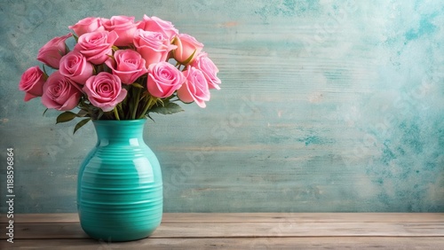Wallpaper Mural A beautiful bouquet of long-stemmed pink roses placed in a vibrant turquoise ceramic vase, adding a pop of color to any room or table setting , flower arrangement, modern style Torontodigital.ca