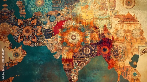 Artistic Central Asia map, textured, patterned, historical buildings background, travel brochure