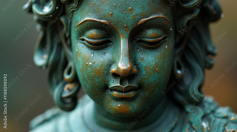 Raindrops on an ancient bronze statue, oxidized surface with green patina and intricate details Raindrops on an ancient bronze statue, oxidized surface with green patina and intricate details