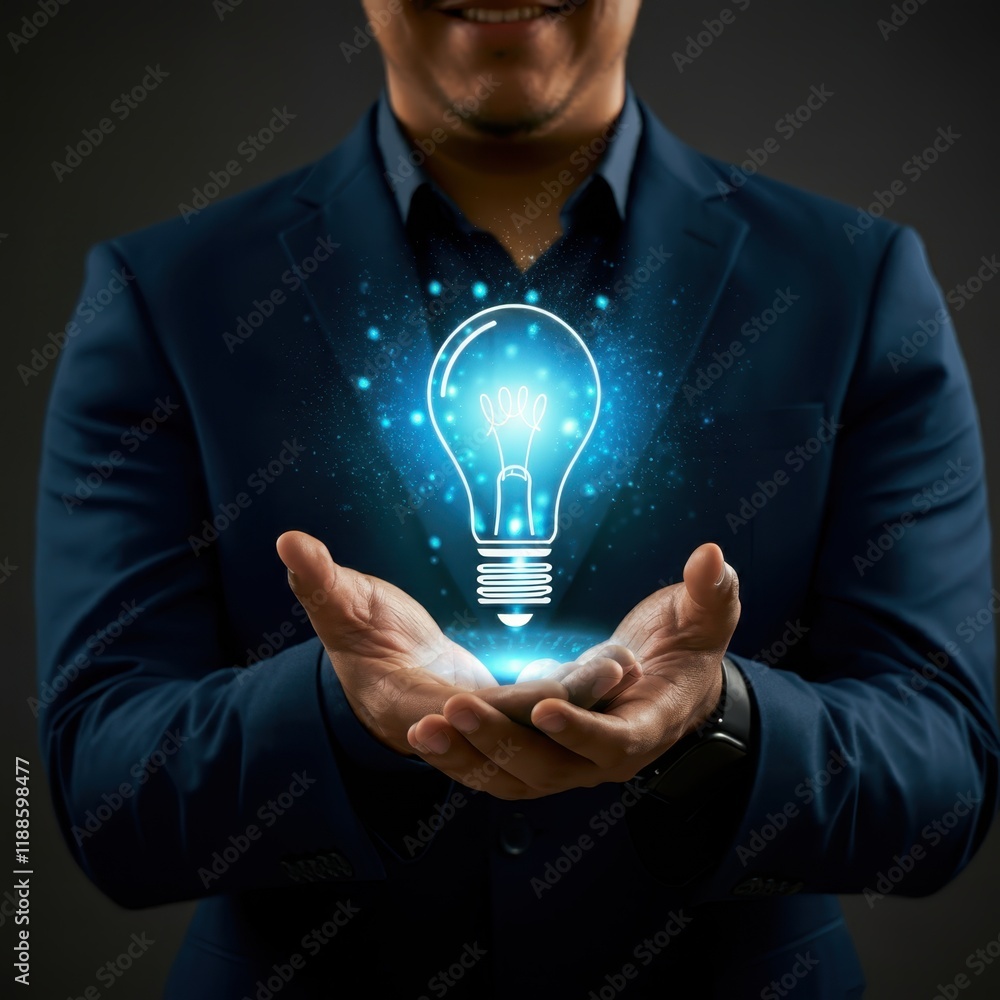 Holographic lightbulb, glowing blue, floating above hand, dark background, innovation concept, futuristic technology, digital projection, creative idea visualization, energy efficiency, neon illuminat Holographic lightbulb, glowing blue, floating above hand, dark background, innovation concept, futuristic technology, digital projection, creative idea visualization, energy efficiency, neon illuminat