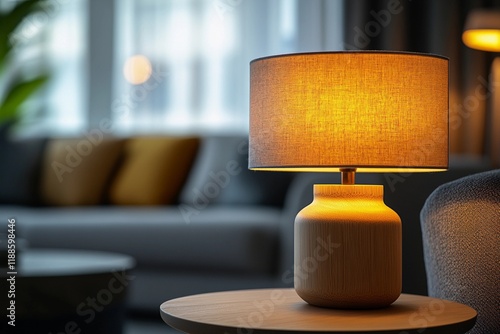 A beautifully designed lamp emits a warm glow, enhancing the inviting atmosphere of a modern living room with plush furniture. Generative AI