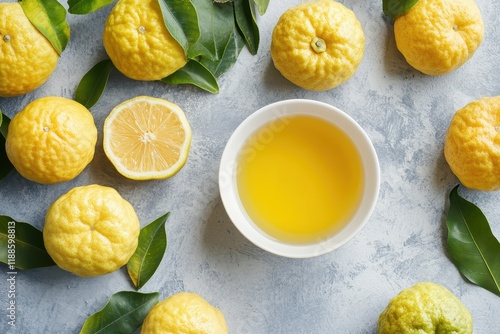 Yuzu tea in a white cup on a grey background Popular citrus drink Overhead shot focused area blank space