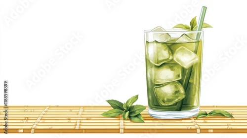 Ice Green tea ready for drink put on bamboo mat with isolated picture.