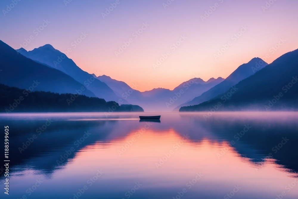 Serene Sunrise Over Misty Mountain Lake With Boat Serene Sunrise Over Misty Mountain Lake With Boat