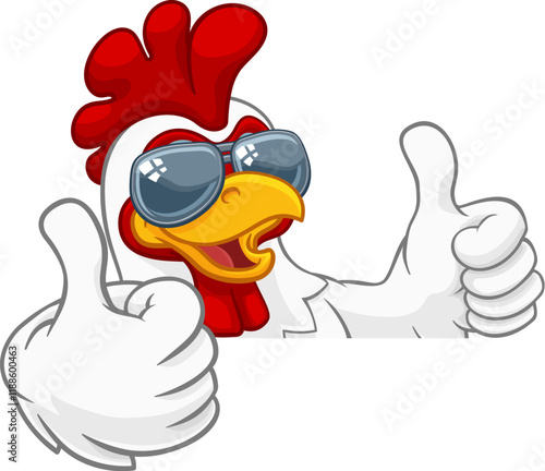 A chicken rooster cockerel bird cartoon character in cool shades or sunglasses peeking over a sign and giving a double thumbs up