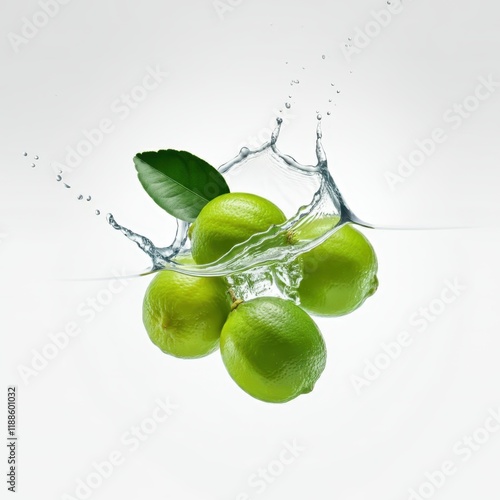 Vibrant green limes, Fresh citrus fruits, Water splashes, Glossy lime leaves, Photorealistic rendering, High detail, Studio lighting, White background with subtle green tint, Refreshing, Zesty, Commer photo