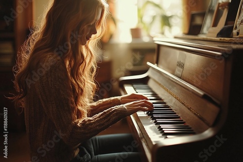 Soft sunlight pours into a warm room as a woman passionately plays the piano, surrounded by memories and greenery. Generative AI photo