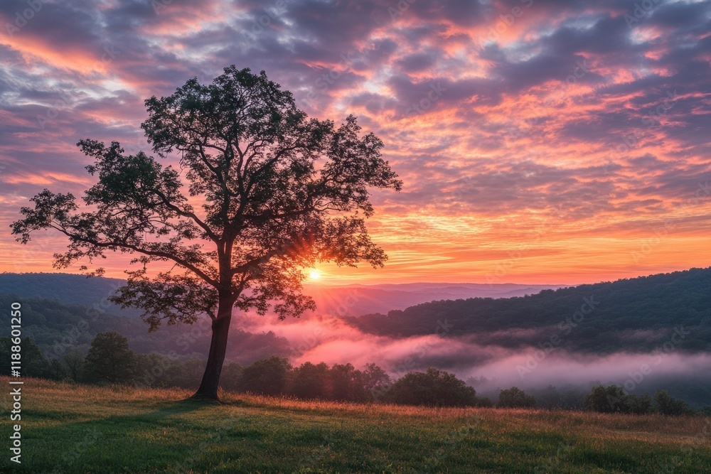 Fototapeta premium Solitary Tree Silhouetted Against a Vibrant Sunrise Over Rolling Hills